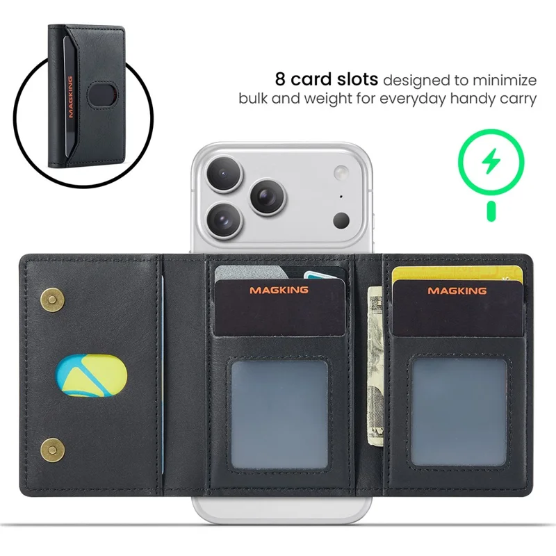 MAGKING K5 Magnetic Wallet RFID Blocking Tri-Fold Kickstand 8 Card Slots Phone Card Holder - Black