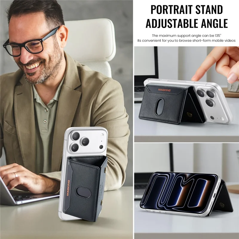 MAGKING K5 Magnetic Wallet RFID Blocking Tri-Fold Kickstand 8 Card Slots Phone Card Holder - Black