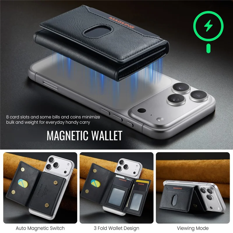 MAGKING K5 Magnetic Wallet RFID Blocking Tri-Fold Kickstand 8 Card Slots Phone Card Holder - Black