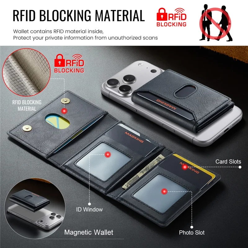 MAGKING K5 Magnetic Wallet RFID Blocking Tri-Fold Kickstand 8 Card Slots Phone Card Holder - Black