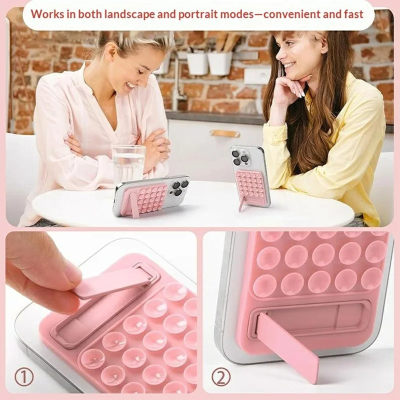 Silicone Suction Cup Magnetic Phone Mount Foldable Kickstand for Smooth Surface Desktop - Light Pink