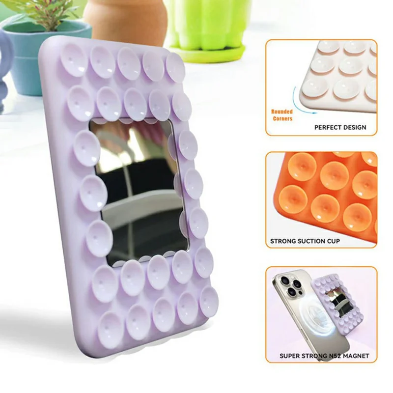 Silicone Suction Cup Magnetic Phone Mount Mirror with Magnetic Ring Sheet - Blue