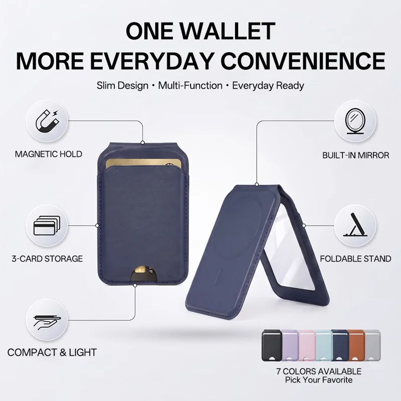 PU Leather Magnetic Wallet 3-Card Storage Built-in Mirror Foldable Phone Stand with Magnetic Sheet - Grey
