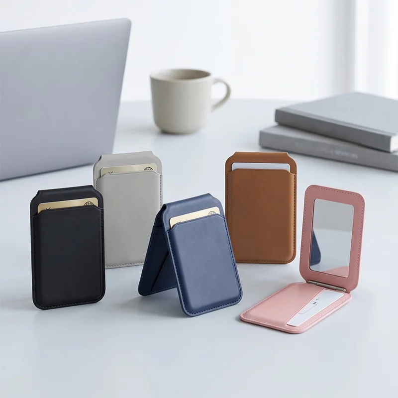 PU Leather Magnetic Wallet 3-Card Storage Built-in Mirror Foldable Phone Stand with Magnetic Sheet - Grey