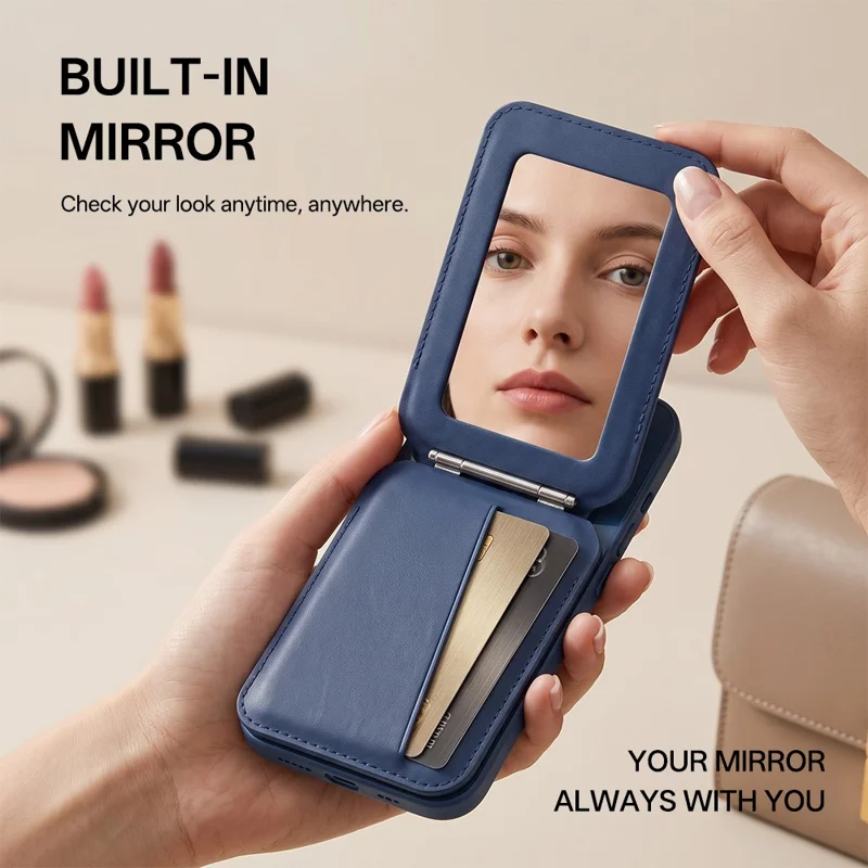 PU Leather Magnetic Wallet 3-Card Storage Built-in Mirror Foldable Phone Stand with Magnetic Sheet - Grey