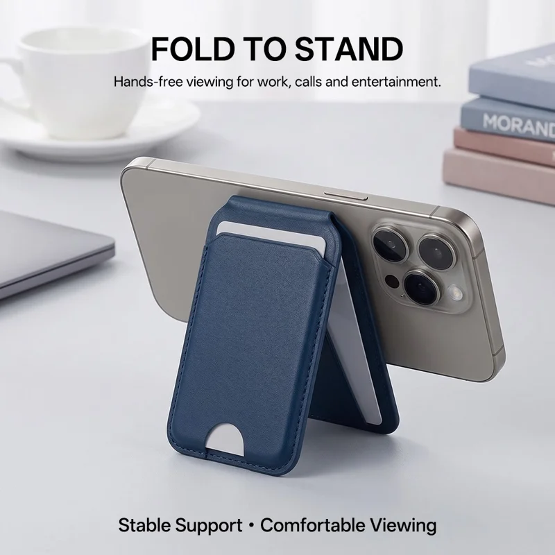 PU Leather Magnetic Wallet 3-Card Storage Built-in Mirror Foldable Phone Stand with Magnetic Sheet - Grey
