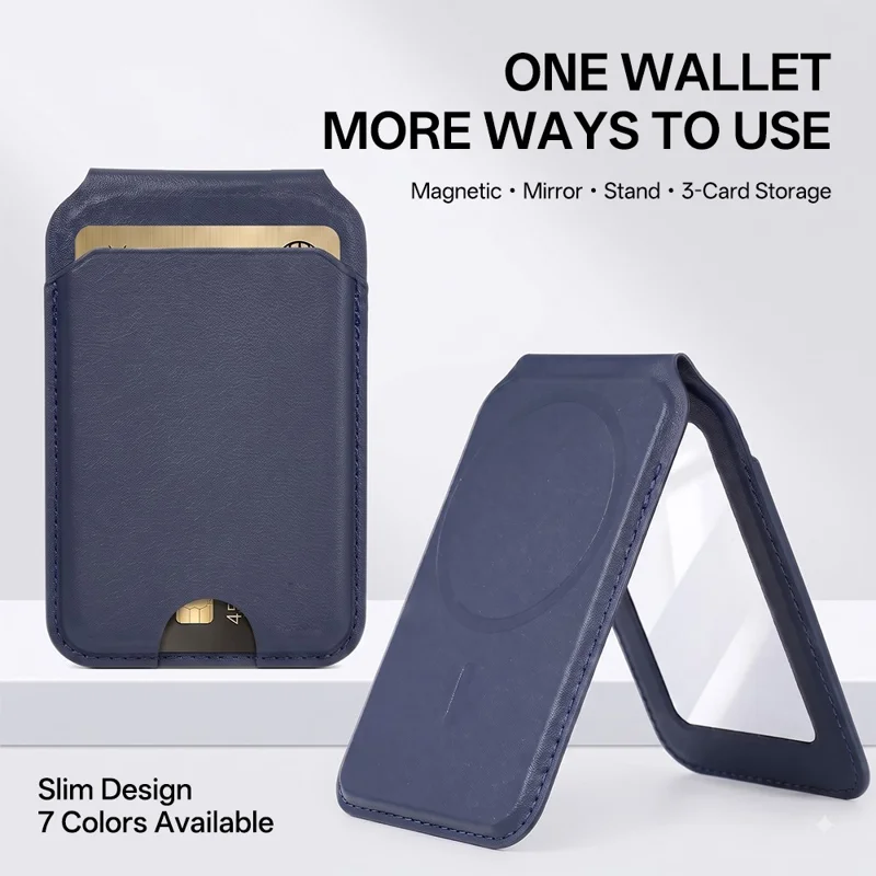 PU Leather Magnetic Wallet 3-Card Storage Built-in Mirror Foldable Phone Stand with Magnetic Sheet - Grey