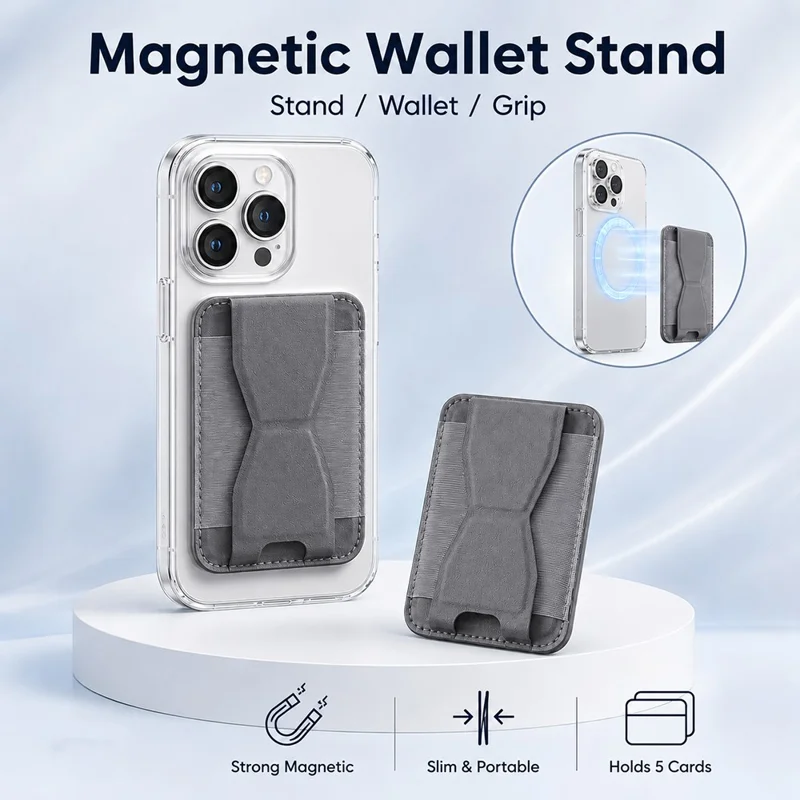 Magnetische Portefeuille Stand PU Leder Telefoon Kickstand Achterkant Houdertje voor Kaarten - Grijs