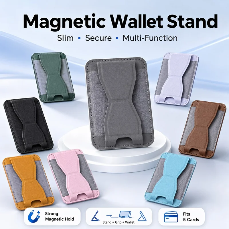 Magnetische Portefeuille Stand PU Leder Telefoon Kickstand Achterkant Houdertje voor Kaarten - Grijs