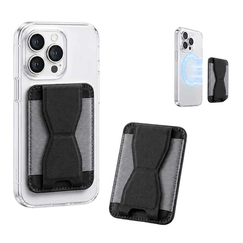 Magnetic Wallet Stand PU Leather Phone Kickstand Back Card Holder - Black