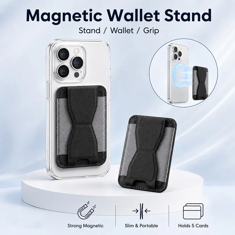 Magnetic Wallet Stand PU Leather Phone Kickstand Back Card Holder - Black
