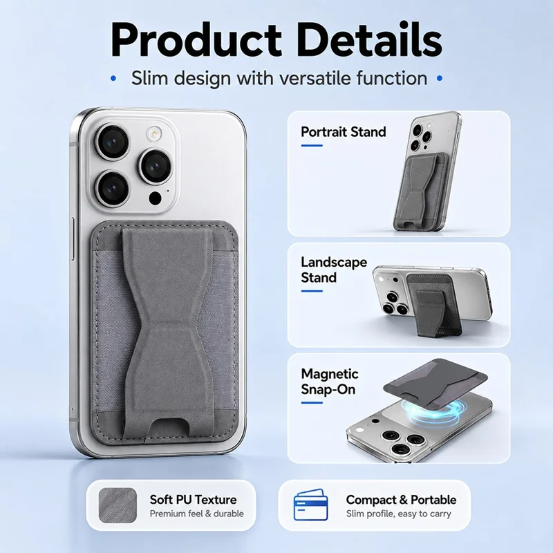 Magnetic Wallet Stand PU Leather Phone Kickstand Back Card Holder - Black