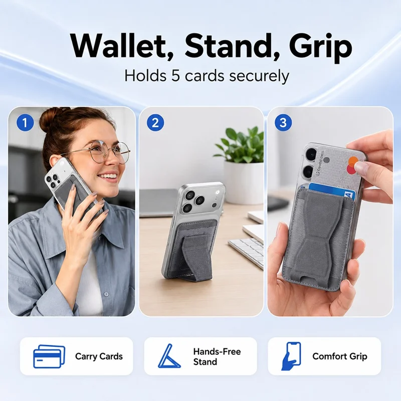 Magnetic Wallet Stand PU Leather Phone Kickstand Back Card Holder - Black