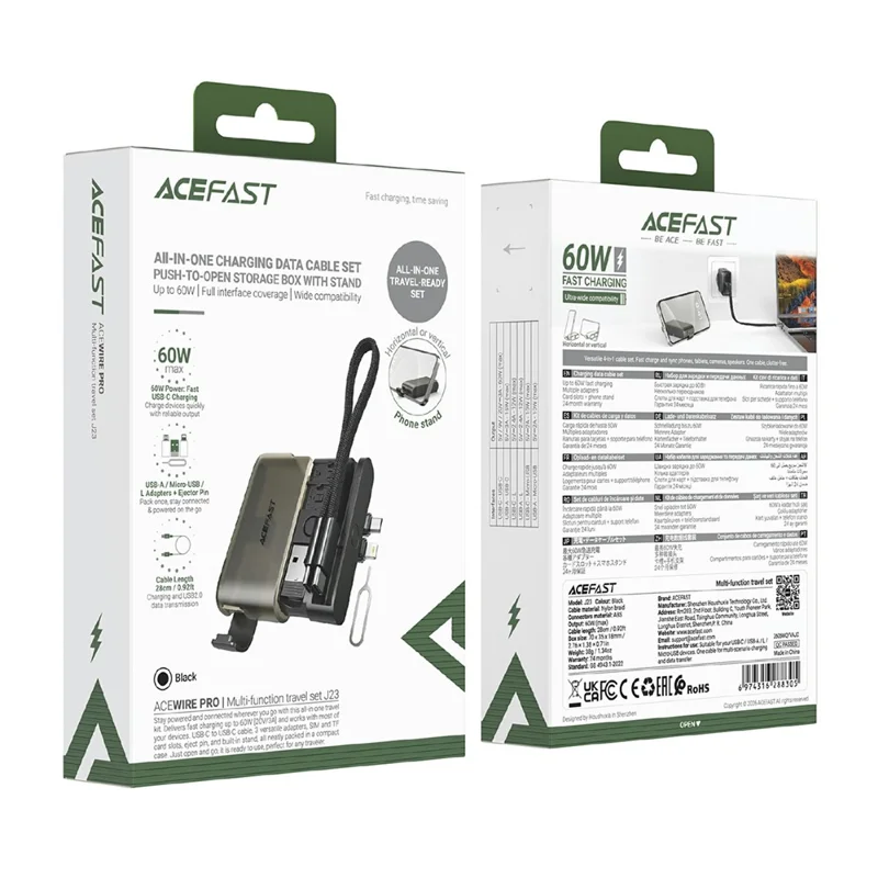 ACEFAST J23 Kit Adattatori USB Custodia Organizzatore Multifunzione da Viaggio con Supporto per Telefono - Nero