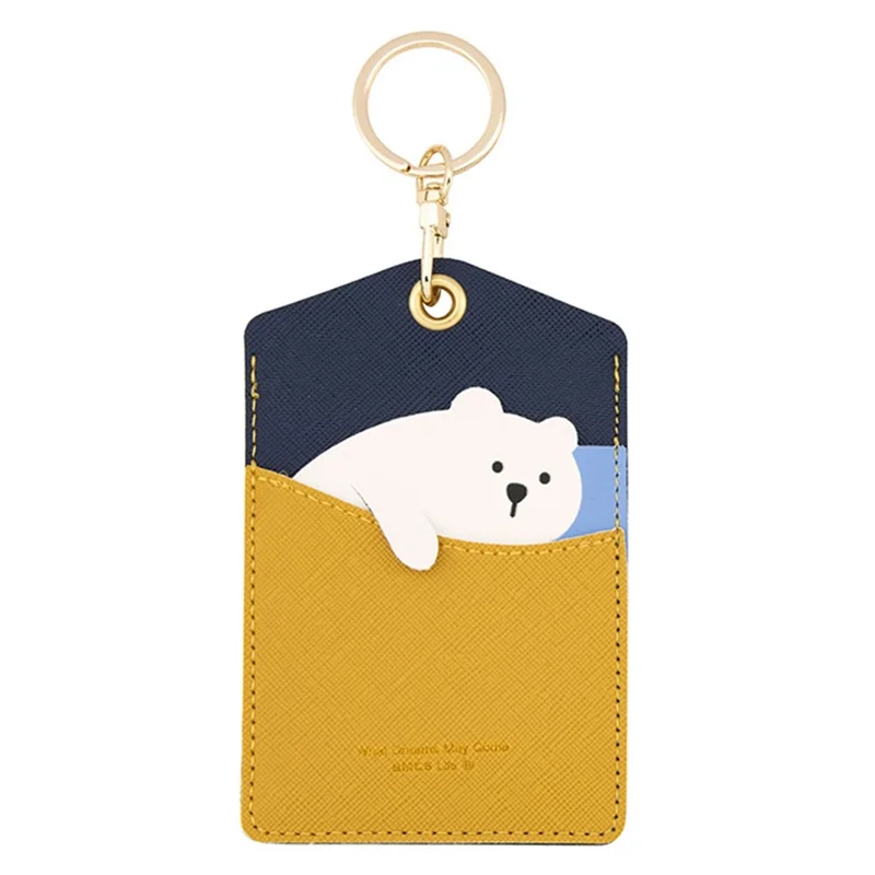 Cute Cartoon Animal ID Badge Holder with Key Ring PU Leather Card Holder Case - White Bear