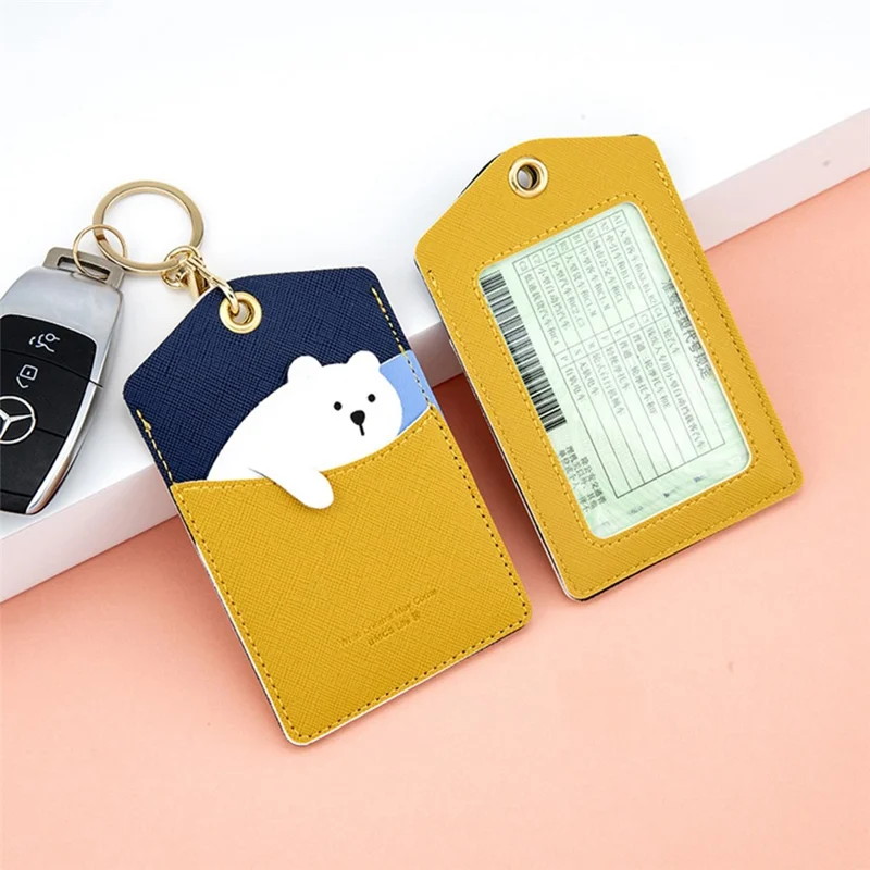 Cute Cartoon Animal ID Badge Holder with Key Ring PU Leather Card Holder Case - White Bear