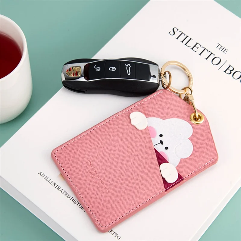 Cute Cartoon Animal ID Badge Holder with Key Ring PU Leather Card Holder Case - White Bear
