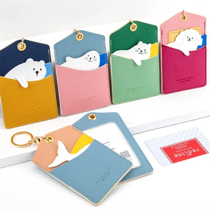 Cute Cartoon Animal ID Badge Holder with Key Ring PU Leather Card Holder Case - White Bear