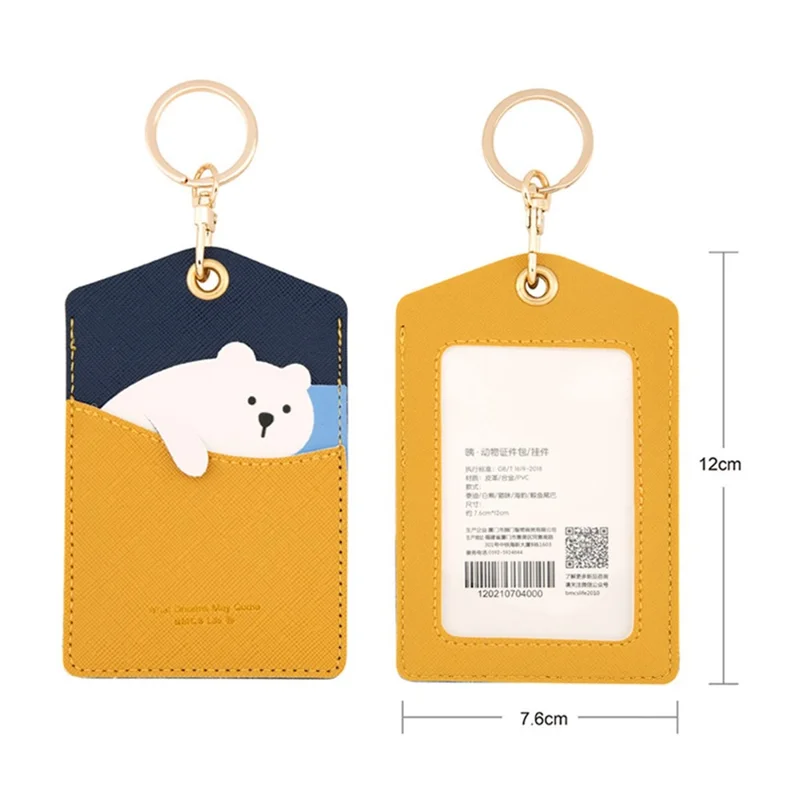 Cute Cartoon Animal ID Badge Holder with Key Ring PU Leather Card Holder Case - White Bear