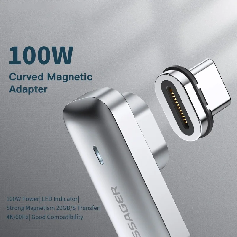 ESSAGER 100W Curved Magnetic Adapter with LED Indicator Thunderbolt 3 Magnetic Converter Support 20Gbps Transmission, 4K / 60Hz for Cellphones, Tablets, Laptops