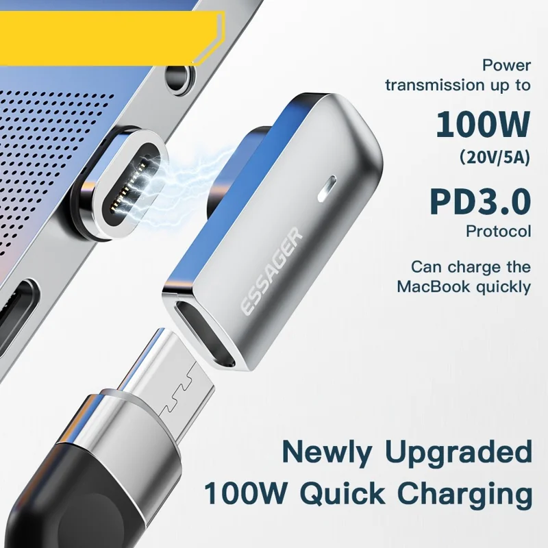 ESSAGER 100W Curved Magnetic Adapter with LED Indicator Thunderbolt 3 Magnetic Converter Support 20Gbps Transmission, 4K / 60Hz for Cellphones, Tablets, Laptops