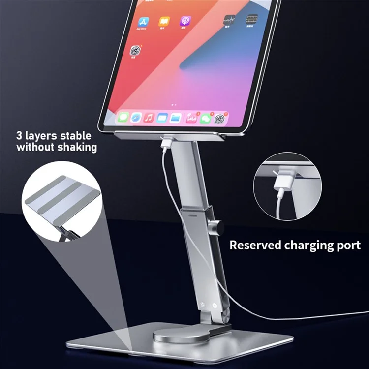 P06 Desktop Folding Tablet Stand 360-Degree Rotating Portable Laptop Holder for Kitchen Cooking, Live Streaming - Grey
