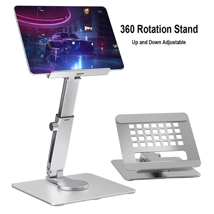 P06 Desktop Folding Tablet Stand 360-Degree Rotating Portable Laptop Holder for Kitchen Cooking, Live Streaming - Grey