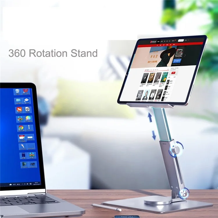 P06 Desktop Folding Tablet Stand 360-Degree Rotating Portable Laptop Holder for Kitchen Cooking, Live Streaming - Grey