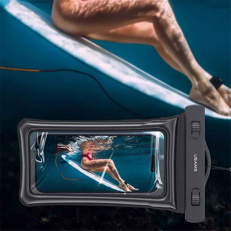 USAMS US-YD011 Waterproof Phone Pouch Universal 7-inch Waterproof Case Dry Bag IPX8 10m Underwater Phone Protector with Lanyard - Black