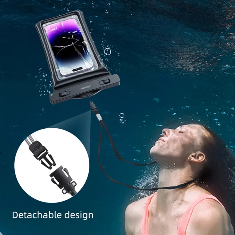 USAMS US-YD011 Waterproof Phone Pouch Universal 7-inch Waterproof Case Dry Bag IPX8 10m Underwater Phone Protector with Lanyard - Black