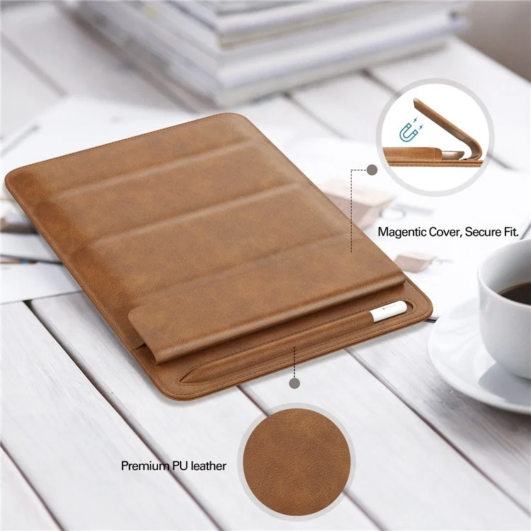 A08 For iPad 9.7 / 10.2 / 10.5 / 11-inch Portable PU Leather Sleeve Tablet Stand Drop-proof Bag with Pen Slot - Light Brown