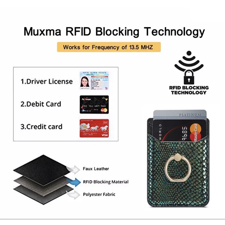MUXMA MX112 Cartera de Tarjetas RFID Bloqueante Soporte para Teléfono con Textura de Serpiente PU Cuero Adhesivo - Verde Oscuro