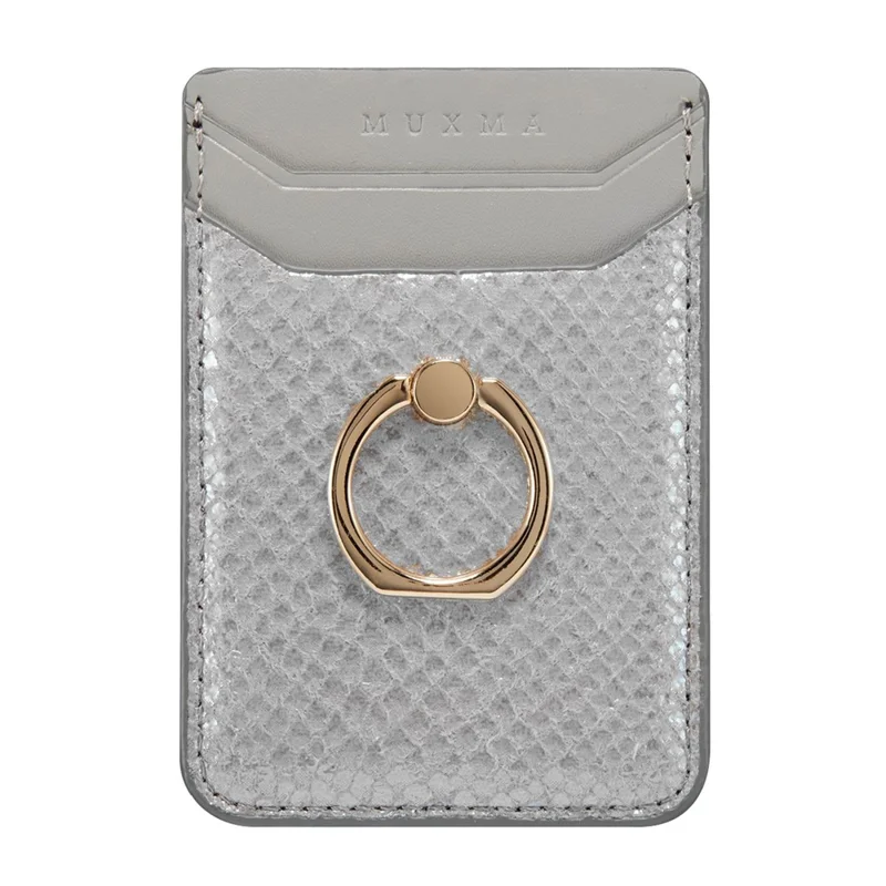 MUXMA MX112 RFID Blocking Phone Card Holder Snake Texture PU Leather Adhesive Credit Card Wallet with Ring Stand - Silver