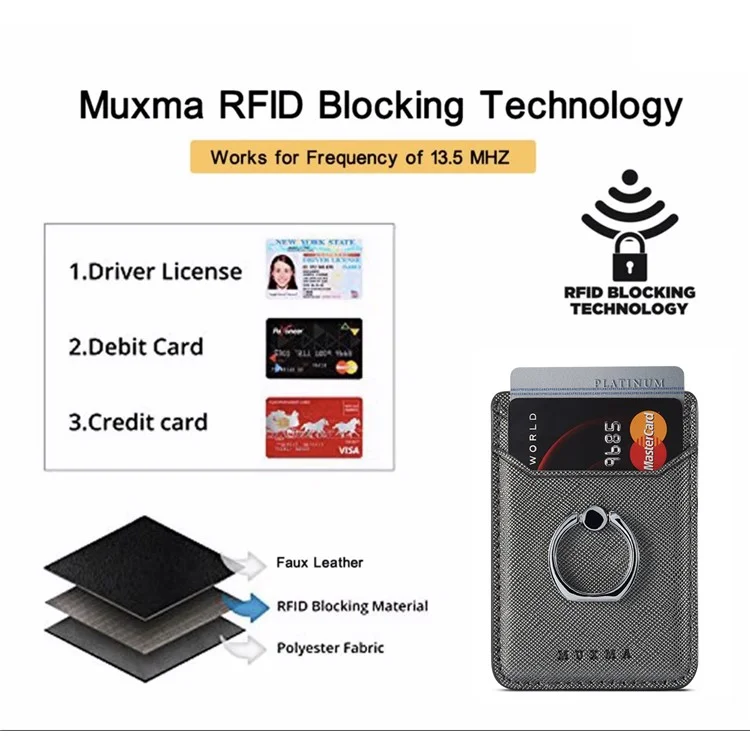 MUXMA MX112 Ring Stand Credit Card Holder Cross Texture RFID Blocking Adhesive Phone Card Holder - Black