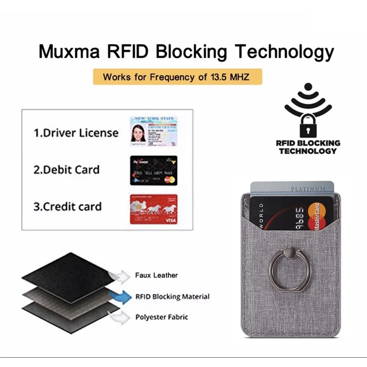 MUXMA MX112 Selbstklebender Telefon-Kartenhalter mit Leinwandstruktur, Ringständer, RFID-Blocktechnologie - Schwarz