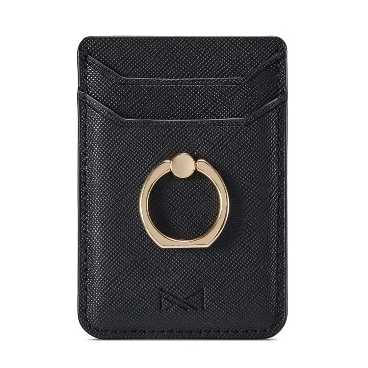 MUXMA MX112 Cross Texture Leather Phone Card Holder Ring Stand RFID Blocking Adhesive Credit Card Slot - Black