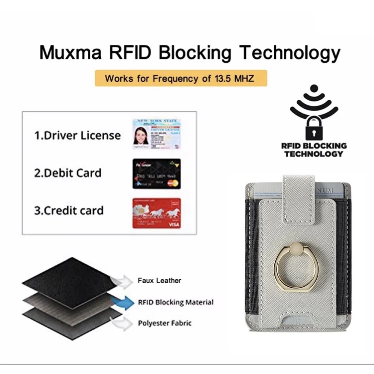 MUXMA MX116-8 Tarjetero para teléfono con bloqueo RFID, Bolsillo adhesivo para tarjetas de crédito con soporte de anillo - Gris