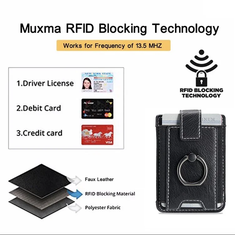 MUXMA MX116 Telefonkartenhalter RFID-blockierende Ring-Kartenhalter Hülle Aufkleber Ziehen Sie 8 Kartenhalter - schwarz