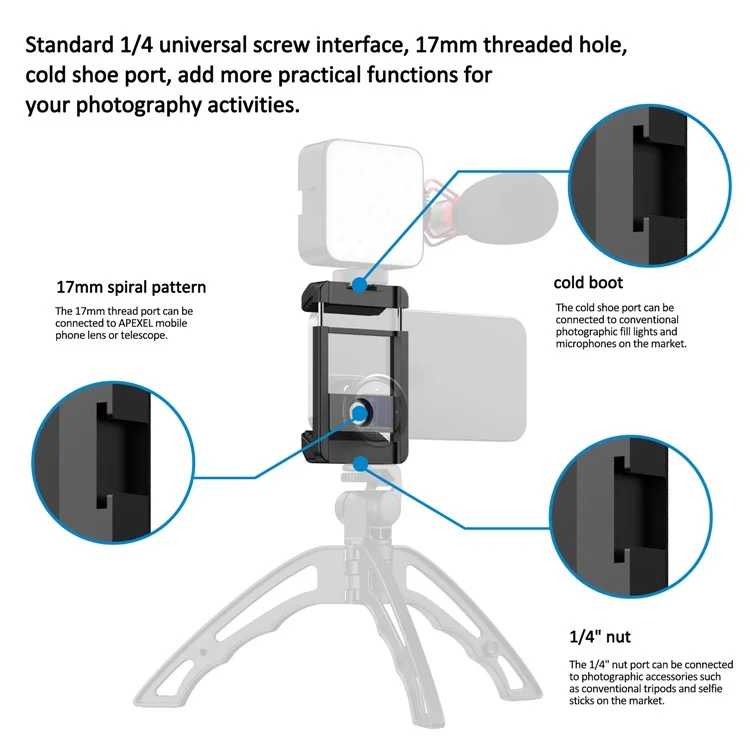 APEXEL F001 Portable Smartphone Clip Cage External Camera Clip with 1 / 4 Inch Screw Hole for Selfie Stick, Camera Stand Tripod Mount