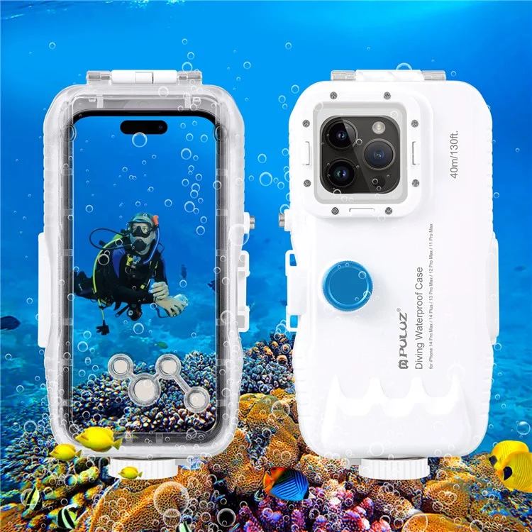 PULUZ PU9116W For iPhone 14 Plus / 14 Pro Max / 13 Pro Max / 12 Pro Max Phone Case 40m Underwater IPX8 Waterproof PC+Glass Phone Cover (Upgraded Version)