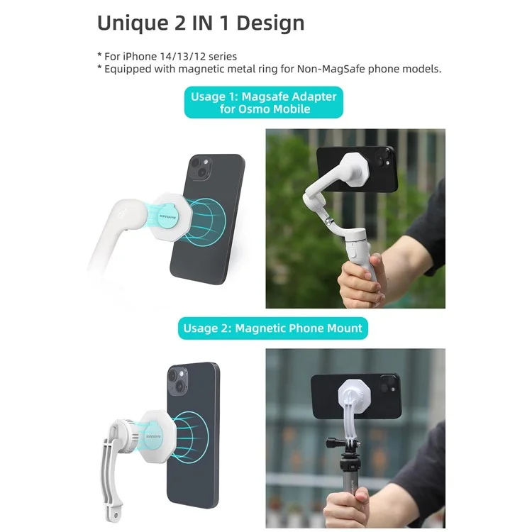 SUNNYLIFE ZJ561 2 in 1 Compatible with Magsafe Adapter Holder Magnetic Phone Mount for DJI Osmo, iPhone 12 / 13 / 14 Series