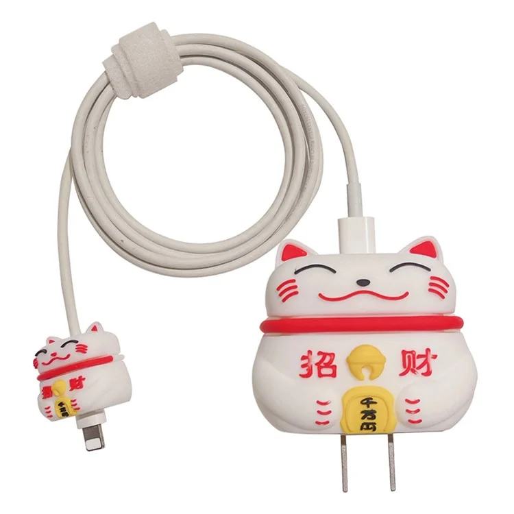 Fortune Cat Series Custodia in Silicone per Caricatore iPhone 18W / 20W con Cavo di Ricarica Protettore - Bianco