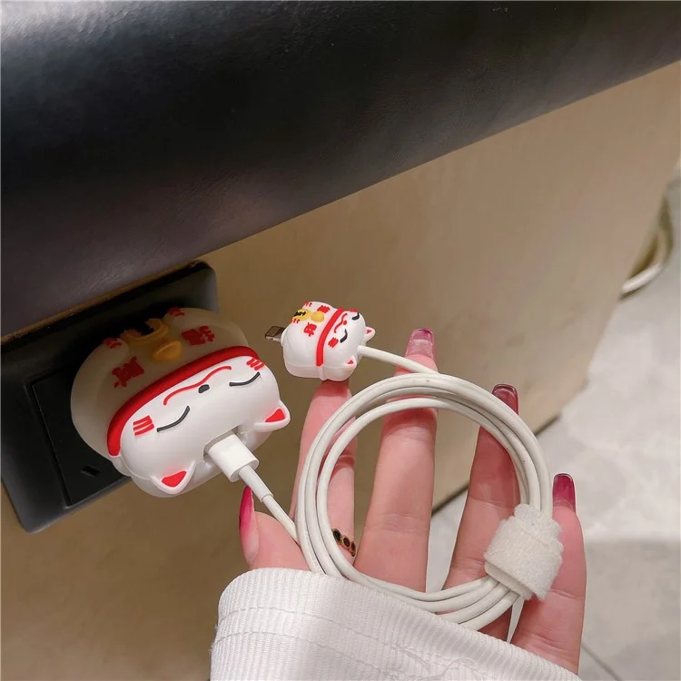 Fortune Cat Series Custodia in Silicone per Caricatore iPhone 18W / 20W con Cavo di Ricarica Protettore - Bianco