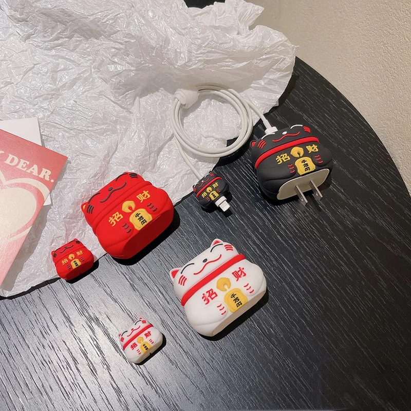 Fortune Cat Series Silicone Case for iPhone 18W / 20W Charger Adapter with Charging Cable Protector - Red