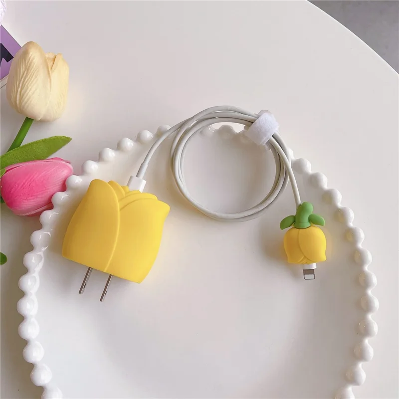 Tulip Series For iPhone 18W / 20W Wall Charger Silicone Protective Case Set with Charging Cable Protector - Yellow