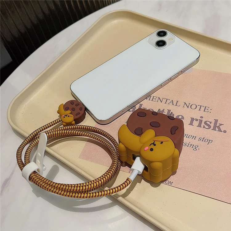 Cartoon Style Protective Case for iPhone 18W / 20W Charger Block Silicone Cover Set with Charging Cable Case - Cookie Bear