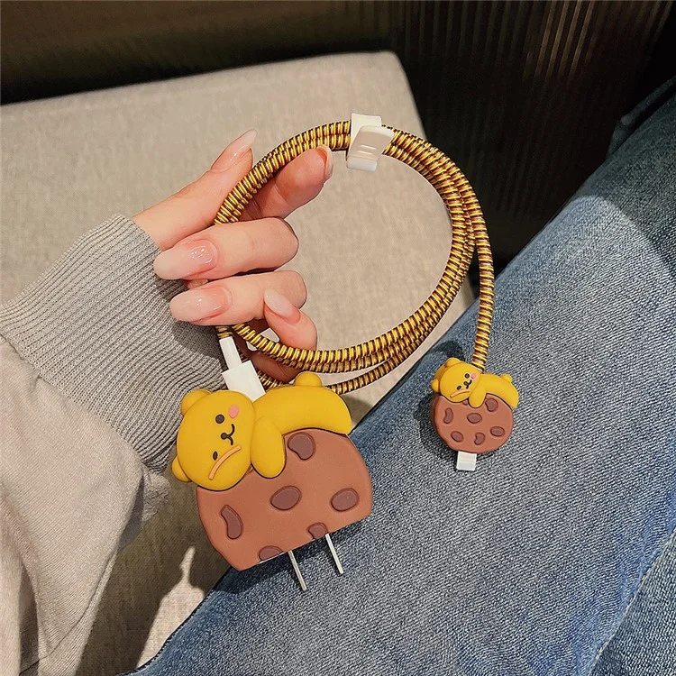 Cartoon Style Protective Case for iPhone 18W / 20W Charger Block Silicone Cover Set with Charging Cable Case - Cookie Bear