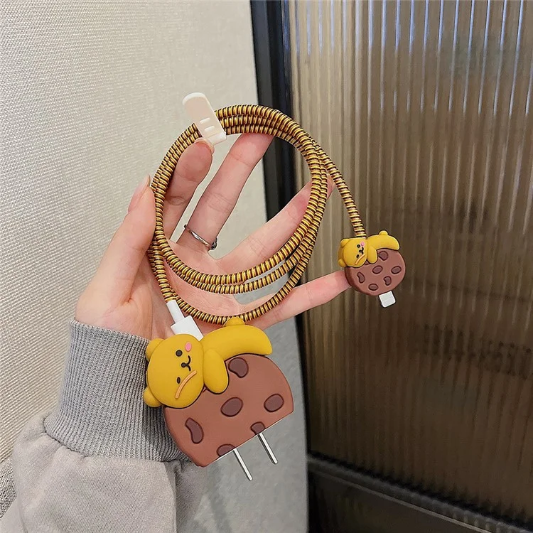 Cartoon Style Protective Case for iPhone 18W / 20W Charger Block Silicone Cover Set with Charging Cable Case - Cookie Bear
