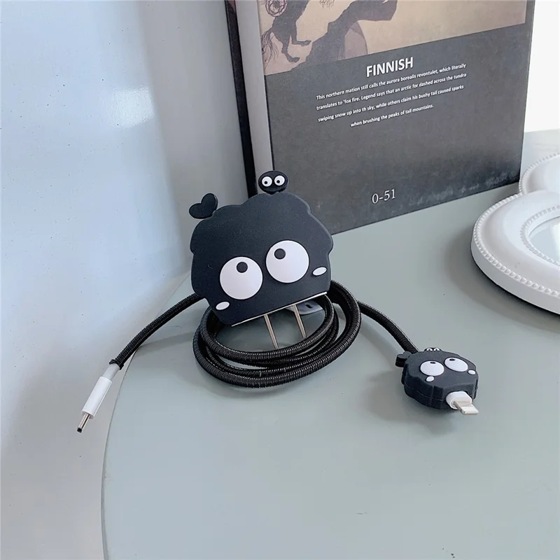 Cartoon Style Protective Case for iPhone 18W / 20W Charger Block Silicone Cover Set with Charging Cable Case - Black Ball