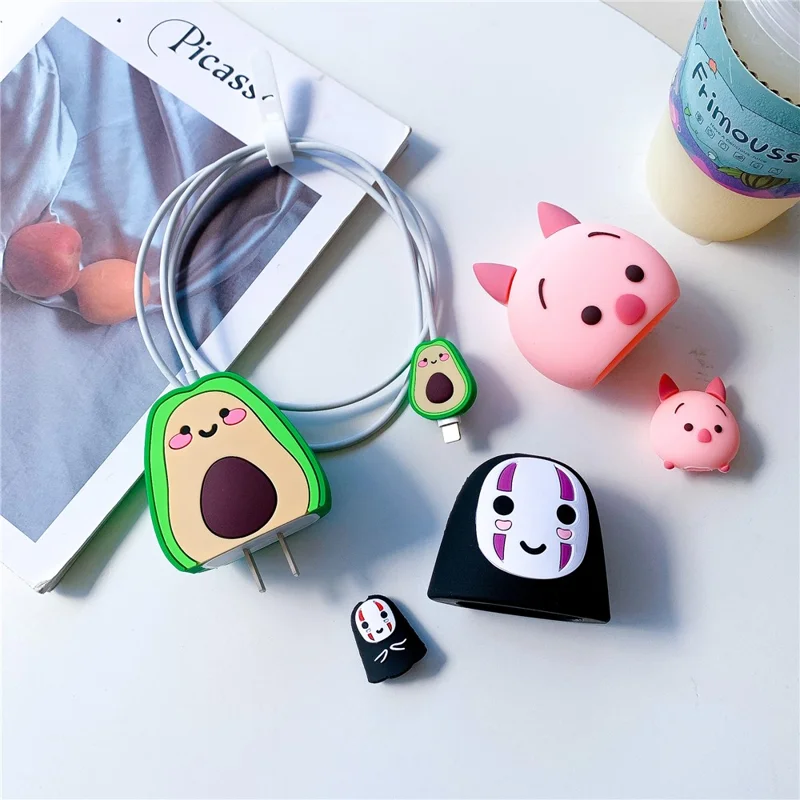 Cartoon Style Protective Case for iPhone 18W / 20W Charger Block Silicone Cover Set with Charging Cable Case - Avocado
